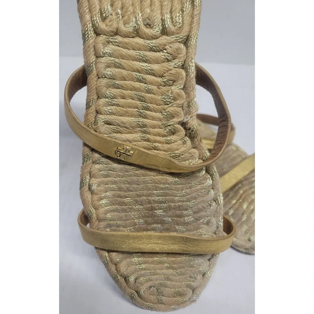 Tory Burch‎ Metallic Leather Espadrille Slide Sandals Woven Rope Flat Logo sz 10